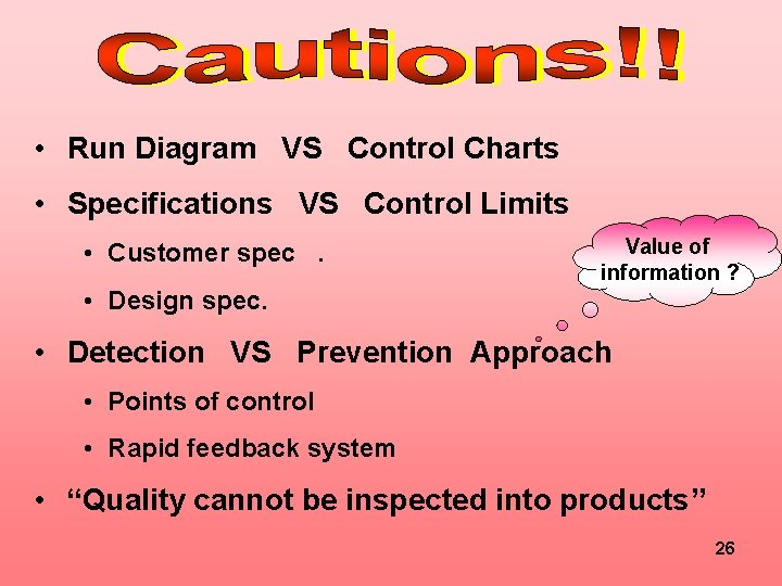  • Run Diagram VS Control Charts • Specifications VS Control Limits • Customer