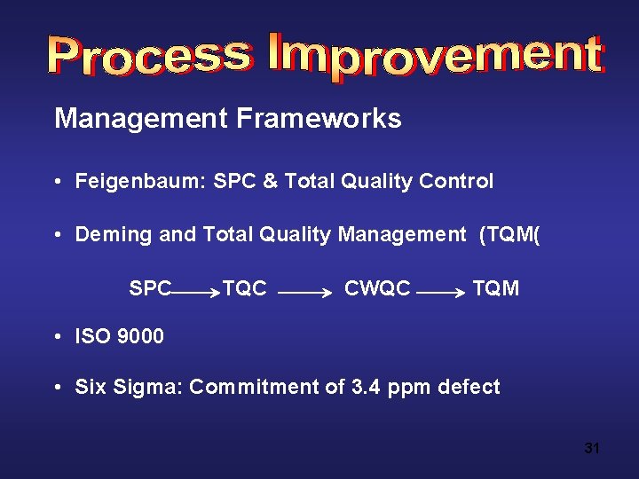 Management Frameworks • Feigenbaum: SPC & Total Quality Control • Deming and Total Quality