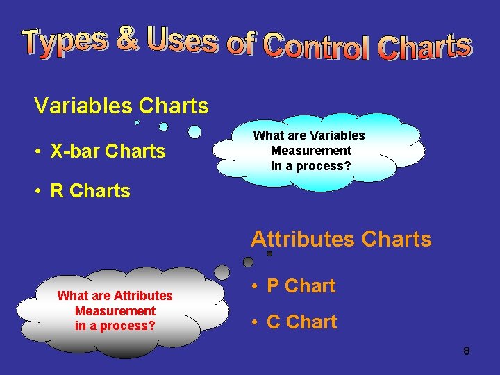 Variables Charts • X-bar Charts What are Variables Measurement in a process? • R