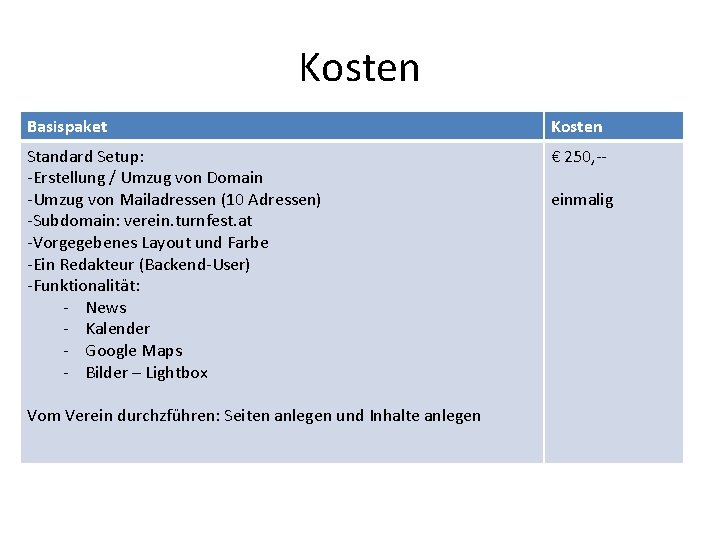 Kosten Basispaket Kosten Standard Setup: -Erstellung / Umzug von Domain -Umzug von Mailadressen (10