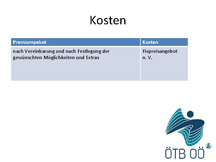 Kosten Premiumpaket Kosten nach Vereinbarung und nach Festlegung der gewünschten Möglichkeiten und Extras Fixpreisangebot