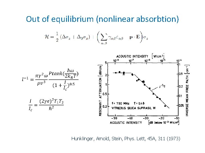 Out of equilibrium (nonlinear absorbtion) Hunklinger, Arnold, Stein, Phys. Lett, 45 A, 311 (1973) Out of equilibrium (nonlinear absorbtion) Hunklinger, Arnold, Stein, Phys. Lett, 45 A, 311 (1973)