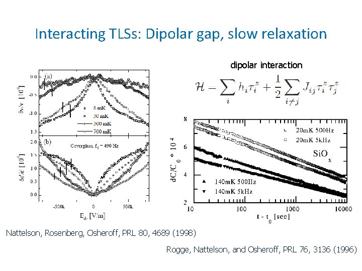Interacting TLSs: Dipolar gap, slow relaxation dipolar interaction Nattelson, Rosenberg, Osheroff, PRL 80, 4689 Interacting TLSs: Dipolar gap, slow relaxation dipolar interaction Nattelson, Rosenberg, Osheroff, PRL 80, 4689