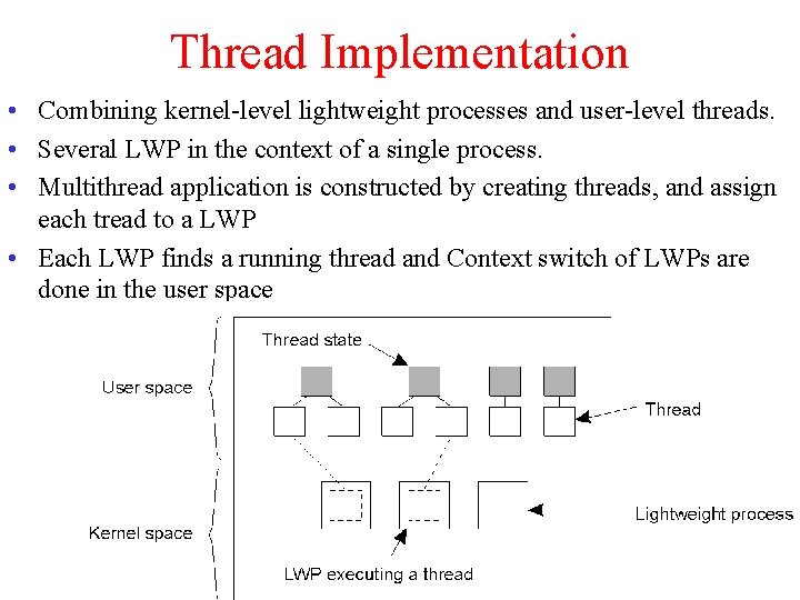 Thread Implementation • Combining kernel-level lightweight processes and user-level threads. • Several LWP in