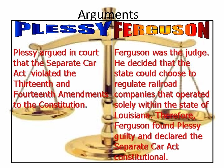 Arguments Plessy argued in court that the Separate Car Act violated the Thirteenth and