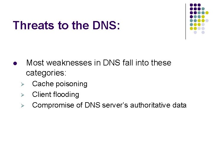Threats to the DNS: Most weaknesses in DNS fall into these categories: l Ø Threats to the DNS: Most weaknesses in DNS fall into these categories: l Ø