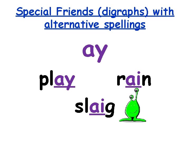 Special Friends (digraphs) with alternative spellings ay play rain slaig 