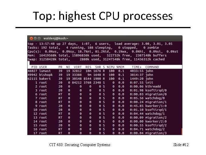 Top: highest CPU processes CIT 480: Securing Computer Systems Slide #12 