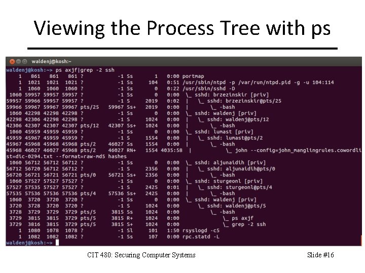 Viewing the Process Tree with ps CIT 480: Securing Computer Systems Slide #16 