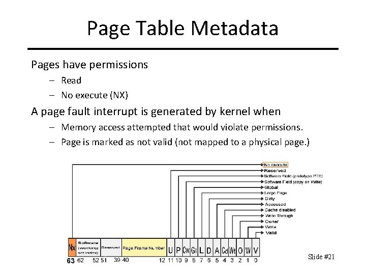 Page Table Metadata Pages have permissions – Read – No execute (NX) A page