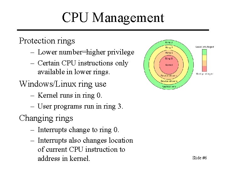 CPU Management Protection rings – Lower number=higher privilege – Certain CPU instructions only available