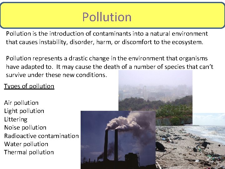 Pollution is the introduction of contaminants into a natural environment that causes instability, disorder,
