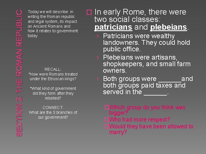 SECTION 2: THE ROMAN REPUBLIC Today we will describe in writing the Roman republic