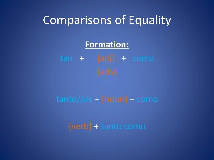 Comparisons of Equality Formation: tan + {adj} + como {adv} tanto/a/s + {noun} +