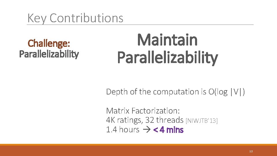 Key Contributions Challenge: Parallelizability Maintain Parallelizability Depth of the computation is O(log |V|) Matrix Key Contributions Challenge: Parallelizability Maintain Parallelizability Depth of the computation is O(log |V|) Matrix