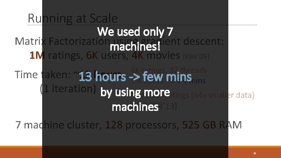 Running at Scale We used only 7 Matrix Factorizationmachines! using gradient descent: 1 M Running at Scale We used only 7 Matrix Factorizationmachines! using gradient descent: 1 M