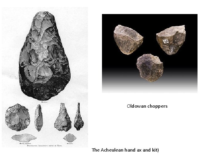 Oldowan choppers The Acheulean hand ax and kit) 