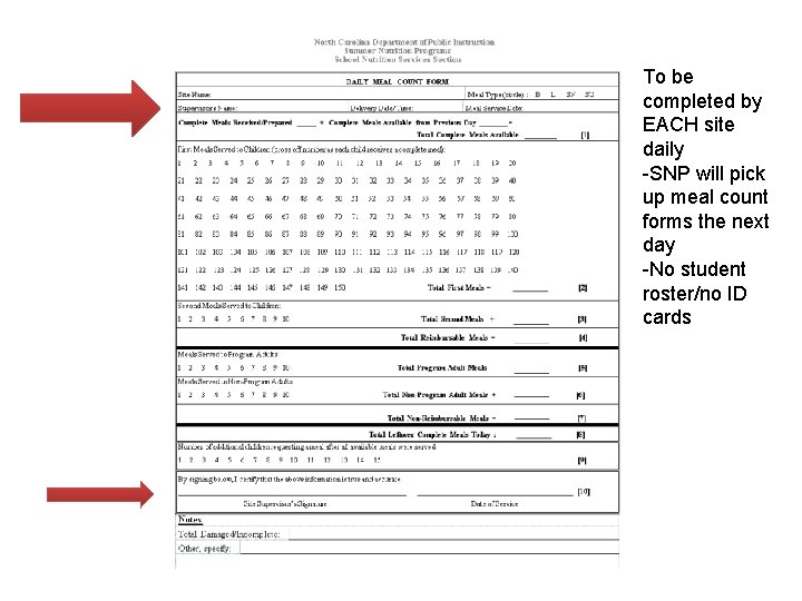 To be completed by EACH site daily -SNP will pick up meal count forms To be completed by EACH site daily -SNP will pick up meal count forms
