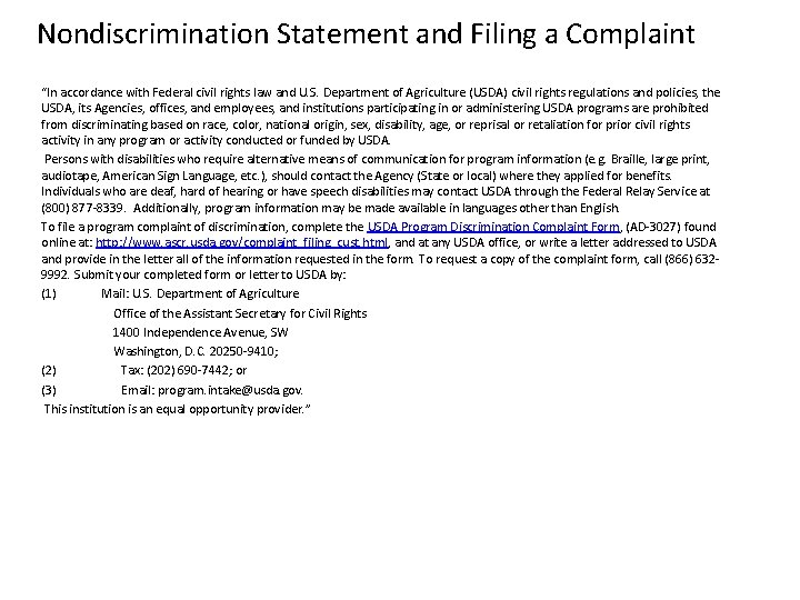 Nondiscrimination Statement and Filing a Complaint “In accordance with Federal civil rights law and Nondiscrimination Statement and Filing a Complaint “In accordance with Federal civil rights law and