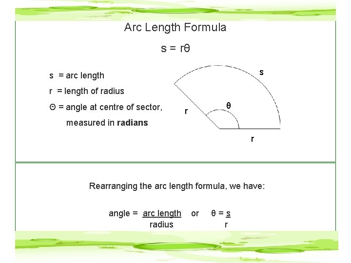 Arc Length Formula s = rθ s s = arc length r = length