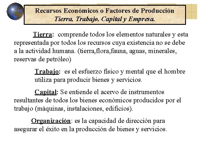 Recursos Económicos o Factores de Producción Tierra, Trabajo, Capital y Empresa. Tierra: comprende todos Recursos Económicos o Factores de Producción Tierra, Trabajo, Capital y Empresa. Tierra: comprende todos