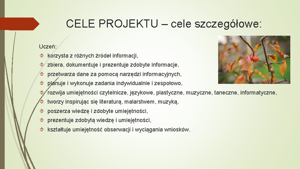 CELE PROJEKTU – cele szczegółowe: Uczeń: korzysta z różnych źródeł informacji, zbiera, dokumentuje i