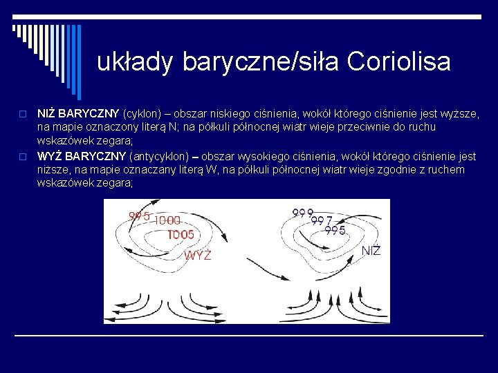 układy baryczne/siła Coriolisa NIŻ BARYCZNY (cyklon) – obszar niskiego ciśnienia, wokół którego ciśnienie jest