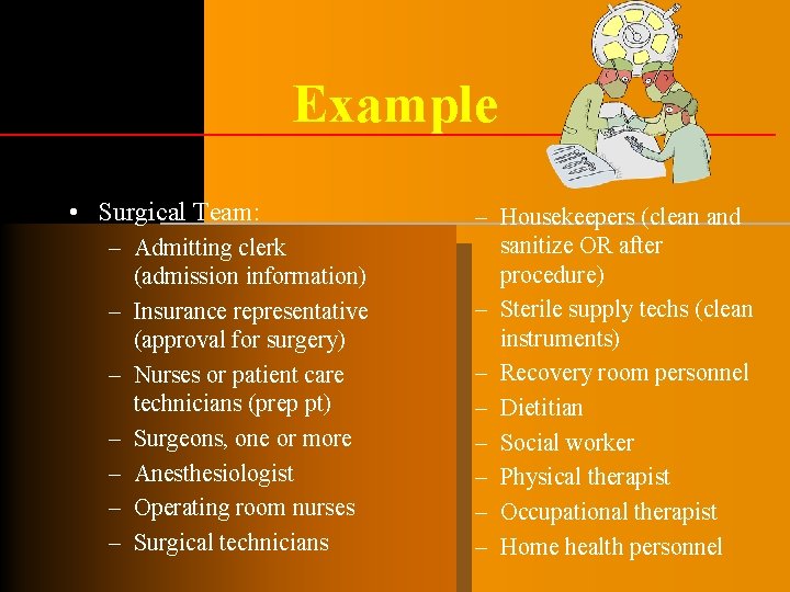 Example • Surgical Team: – Admitting clerk (admission information) – Insurance representative (approval for Example • Surgical Team: – Admitting clerk (admission information) – Insurance representative (approval for