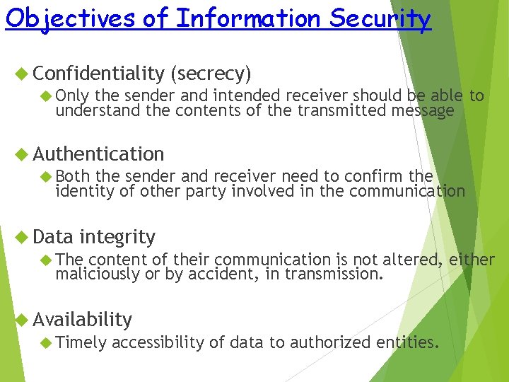 Objectives of Information Security Confidentiality (secrecy) Only the sender and intended receiver should be