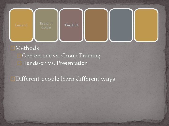 Learn it Break it down Teach it �Methods � One-on-one vs. Group Training �