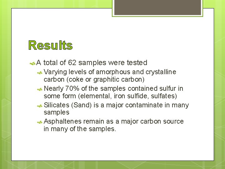 Results A total of 62 samples were tested Varying levels of amorphous and crystalline