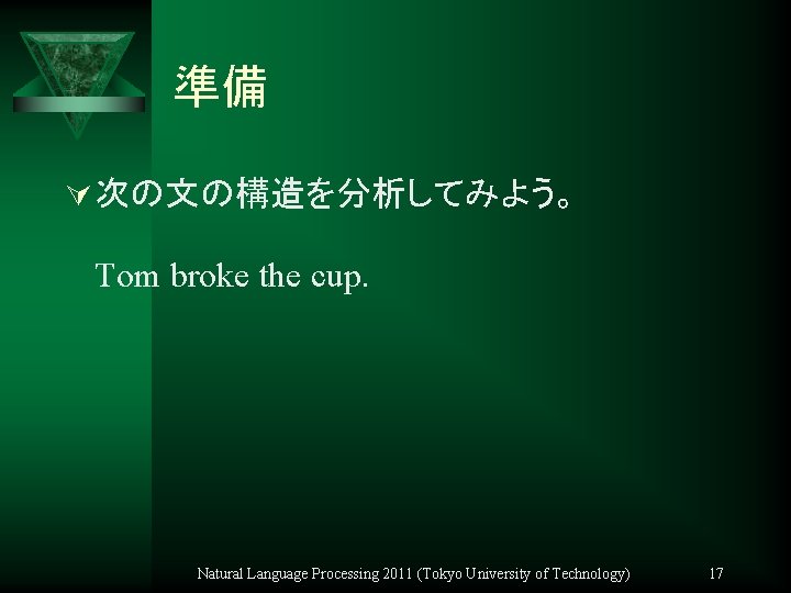 準備 Ú 次の文の構造を分析してみよう。 Tom broke the cup. Natural Language Processing 2011 (Tokyo University of
