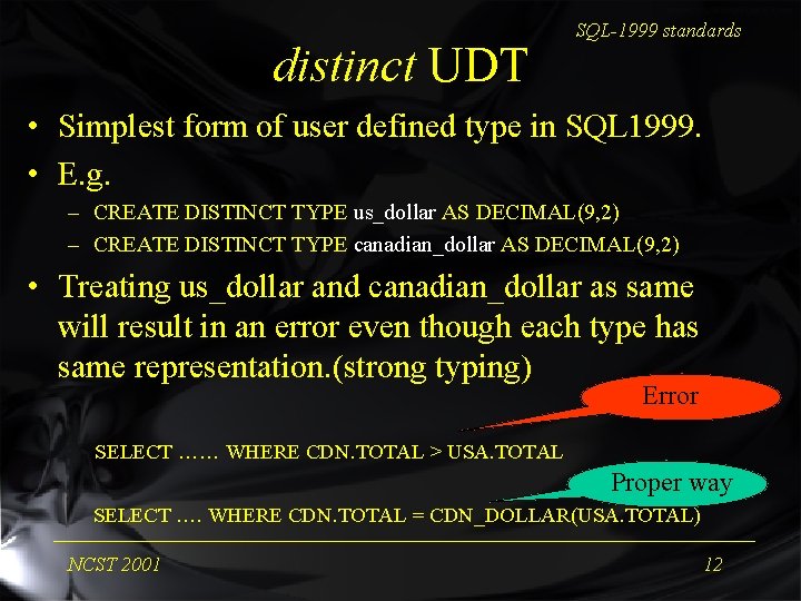 distinct UDT SQL-1999 standards • Simplest form of user defined type in SQL 1999.