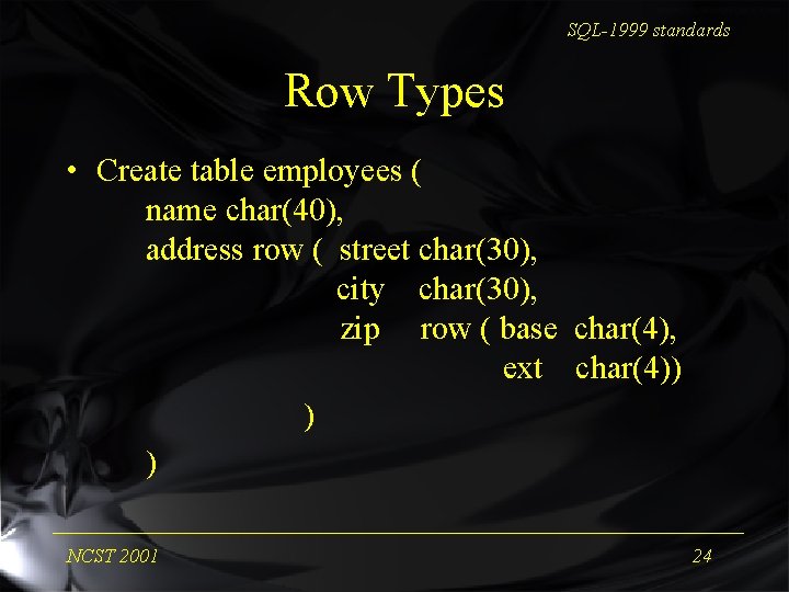 SQL-1999 standards Row Types • Create table employees ( name char(40), address row (