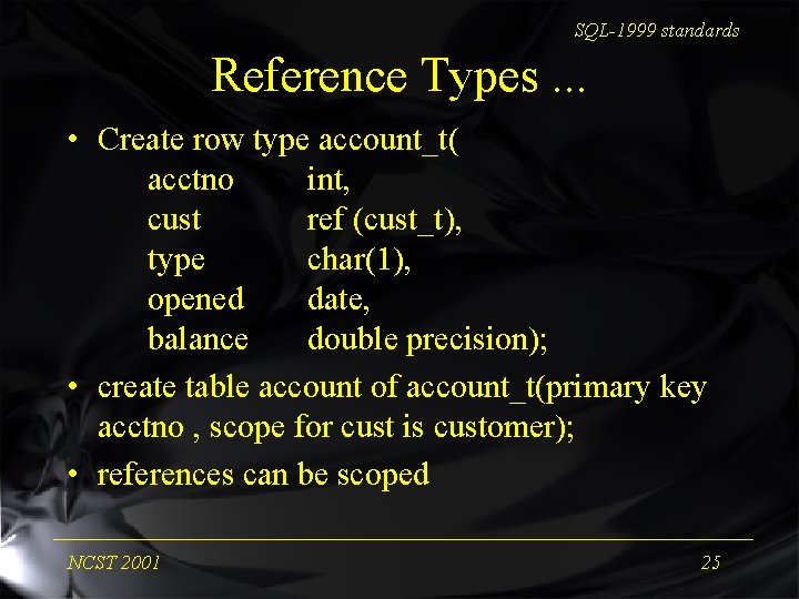 SQL-1999 standards Reference Types. . . • Create row type account_t( acctno int, cust