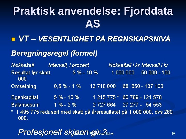 Praktisk anvendelse: Fjorddata AS n VT – VESENTLIGHET PÅ REGNSKAPSNIVÅ Beregningsregel (formel) Nøkkeltall Intervall,