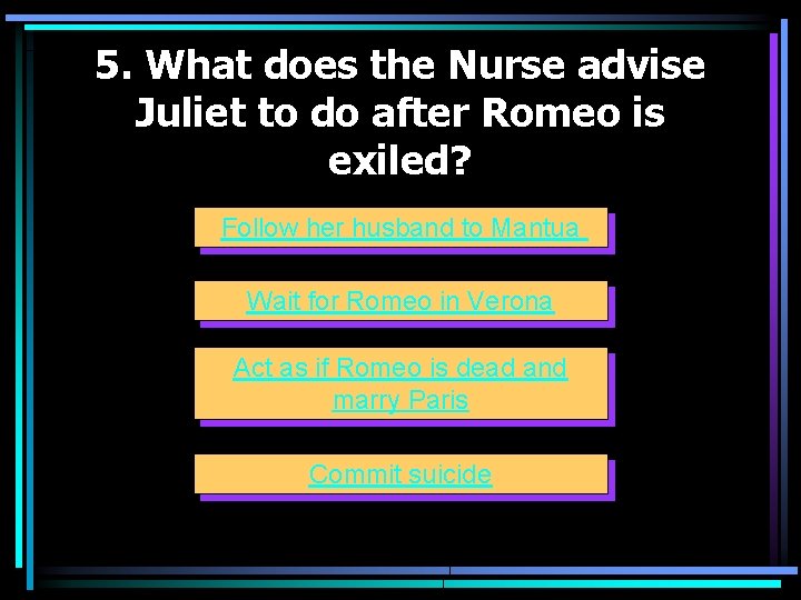 5. What does the Nurse advise Juliet to do after Romeo is exiled? Follow