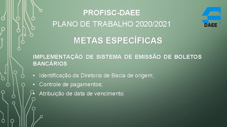 PROFISC-DAEE PLANO DE TRABALHO 2020/2021 METAS ESPECÍFICAS IMPLEMENTAÇÃO DE SISTEMA DE EMISSÃO DE BOLETOS