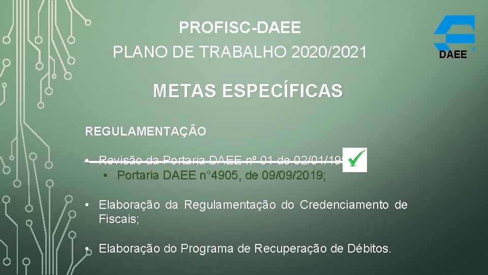 PROFISC-DAEE PLANO DE TRABALHO 2020/2021 METAS ESPECÍFICAS REGULAMENTAÇÃO • Revisão da Portaria DAEE nº