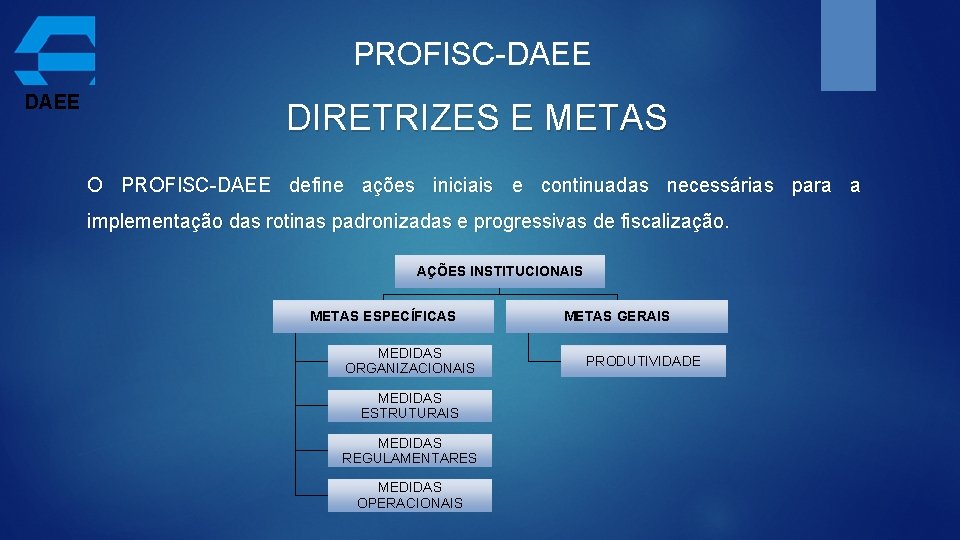 PROFISC-DAEE DIRETRIZES E METAS O PROFISC-DAEE define ações iniciais e continuadas necessárias para a
