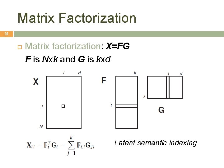 Matrix Factorization 20 Matrix factorization: X=FG F is Nxk and G is kxd Latent