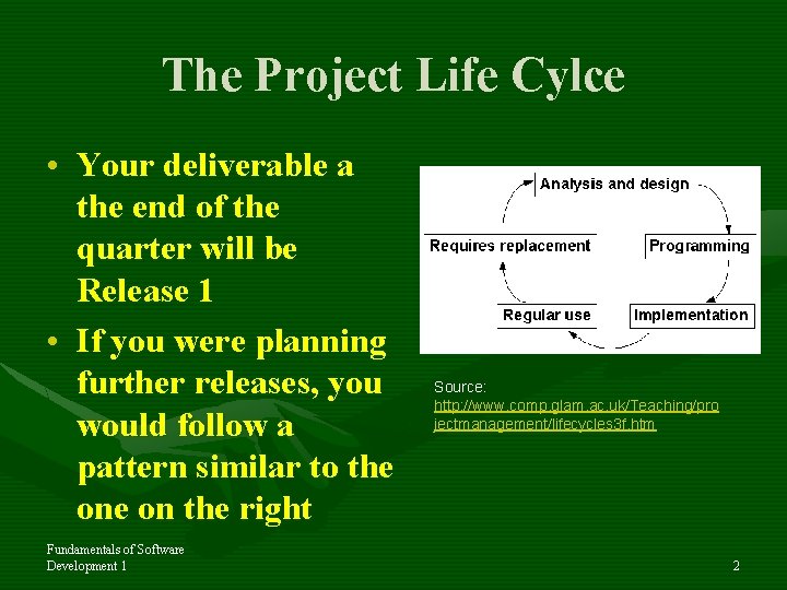 The Project Life Cylce • Your deliverable a the end of the quarter will