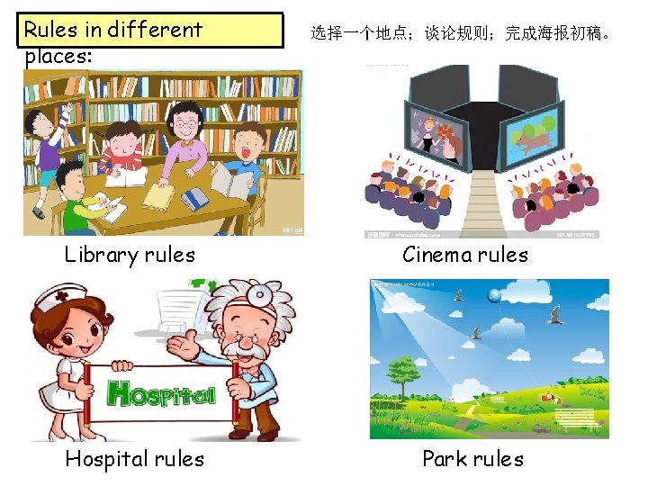 Rules in different places: Library rules Hospital rules 选择一个地点；谈论规则；完成海报初稿。 Cinema rules Park rules 