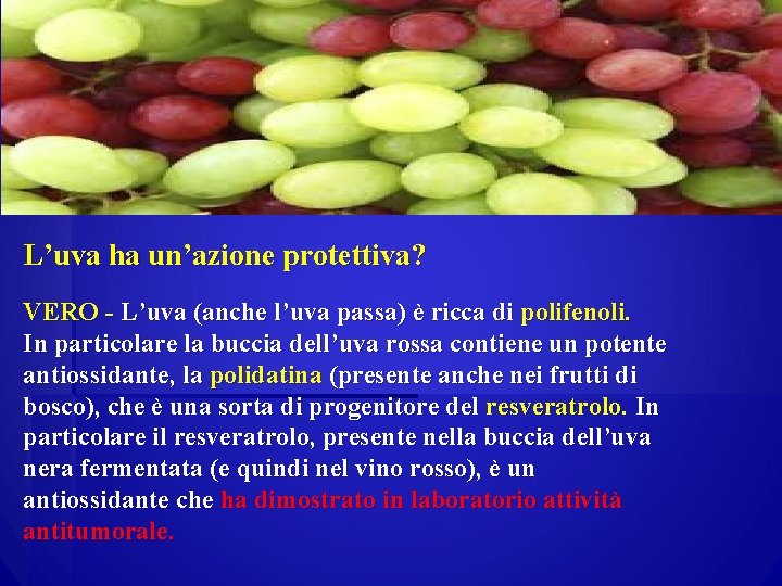 L’uva ha un’azione protettiva? VERO - L’uva (anche l’uva passa) è ricca di polifenoli.