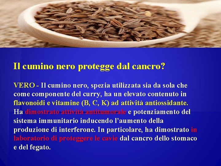 Il cumino nero protegge dal cancro? VERO - Il cumino nero, spezia utilizzata sia