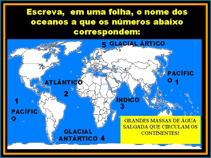 Escreva, em uma folha, o nome dos oceanos a que os números abaixo correspondem: