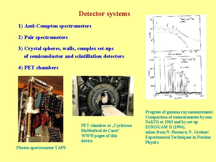 Detector systems 1) Anti-Compton spectrometers 2) Pair spectrometers 3) Crystal spheres, walls, complex set-ups