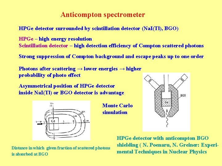 Anticompton spectrometer HPGe detector surrounded by scintillation detector (Na. I(Tl), BGO) HPGe – high