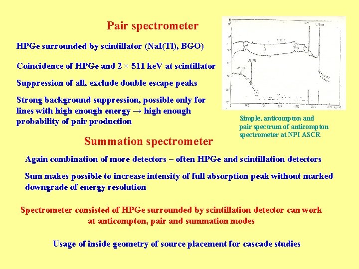 Pair spectrometer HPGe surrounded by scintillator (Na. I(Tl), BGO) Coincidence of HPGe and 2