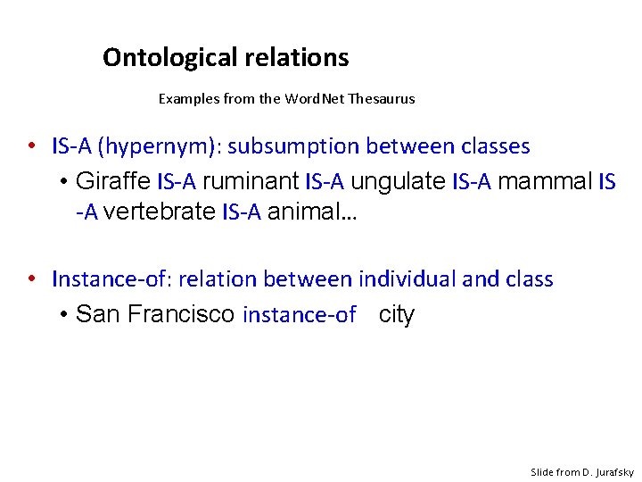 Ontological relations Examples from the Word. Net Thesaurus • IS-A (hypernym): subsumption between classes